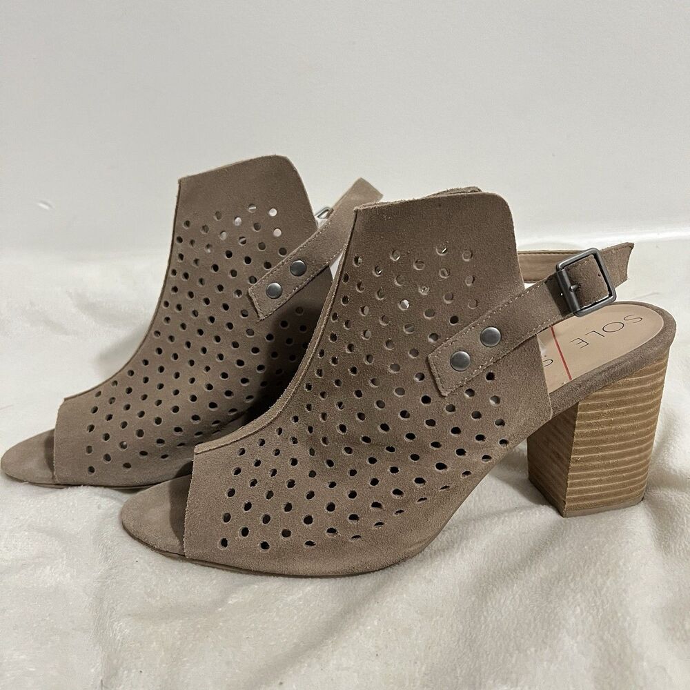 Sole Society Rena Slingback Sandals Size 11 Taupe Perforated Block Cow Suede